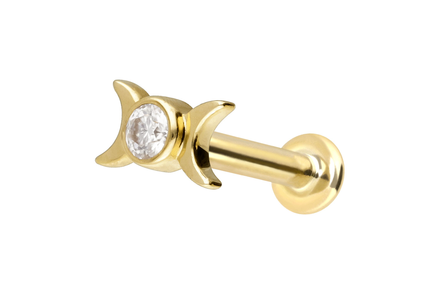 14 Karat Gold Labret Piercing mit Innengewinde MOISSANIT + 2 MONDE